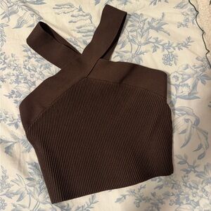 Babaton Chocolate Brown Cross-Strap Crop Top